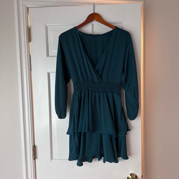 ZARA Teal Long Sleeve Satin Mini Dress Elastic Waist Ruffled Hem - Picture 1 of 3